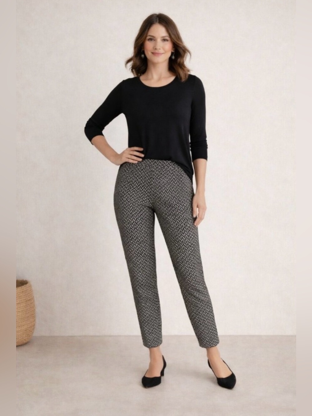 J.Jill Wearever Forward Seam Slim Ankle Pants Black DASH Geometric Pull On LG